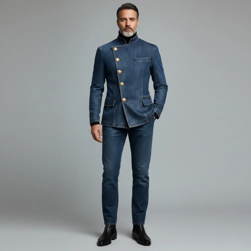 Men's Blue Stand Collar Asymmetrical Button Long Sleeve Denim Jacket