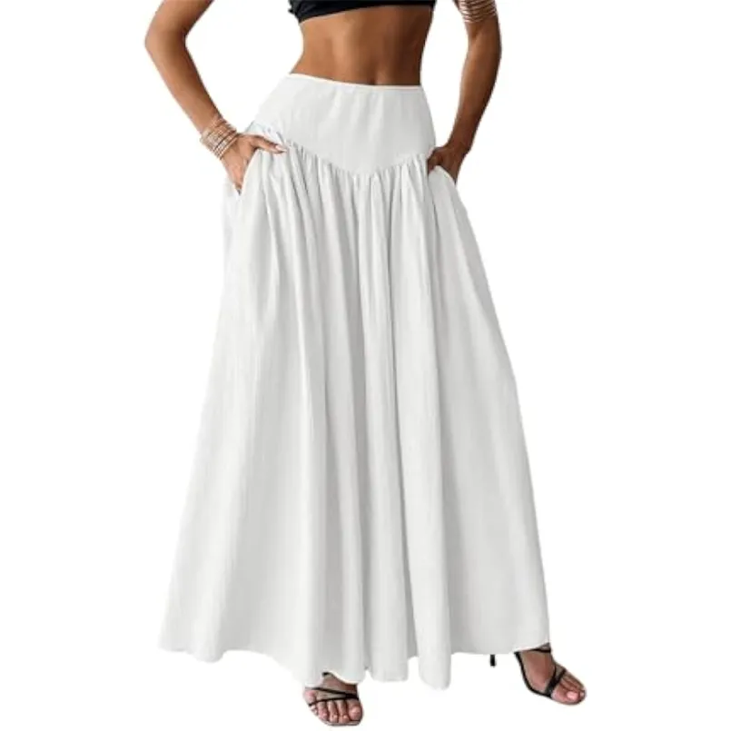 Milumia Women's Pleated Flowy Long Skirts High Waist Maxi Skirt with Pocket