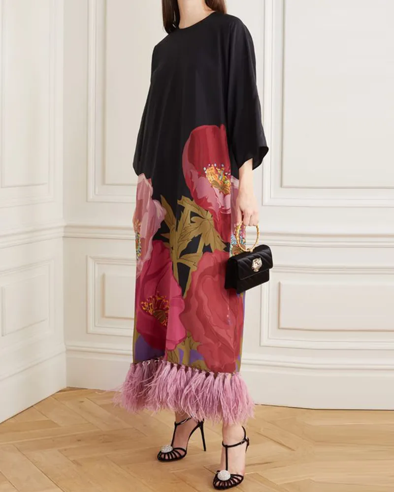 Feather tassel maxi dress print