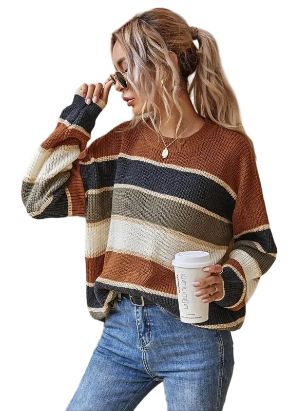 Women's Colorblock Striped Drop Shoulder Sweater