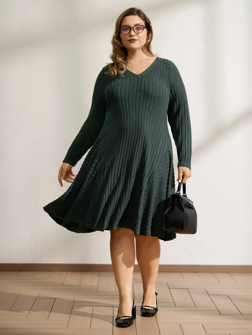 Ribbed Fleece V-Neck Knit Midi Dress