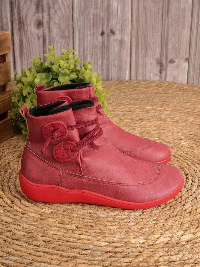 Vintage Women Casual Braided Strap Breathable Lether PU Flat Heel Classic Boots