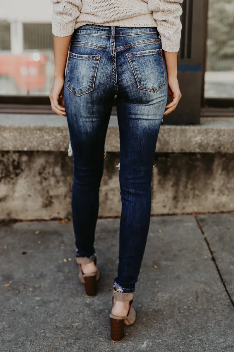 Buttoned Ripped Raw Hem Skinny Jeans