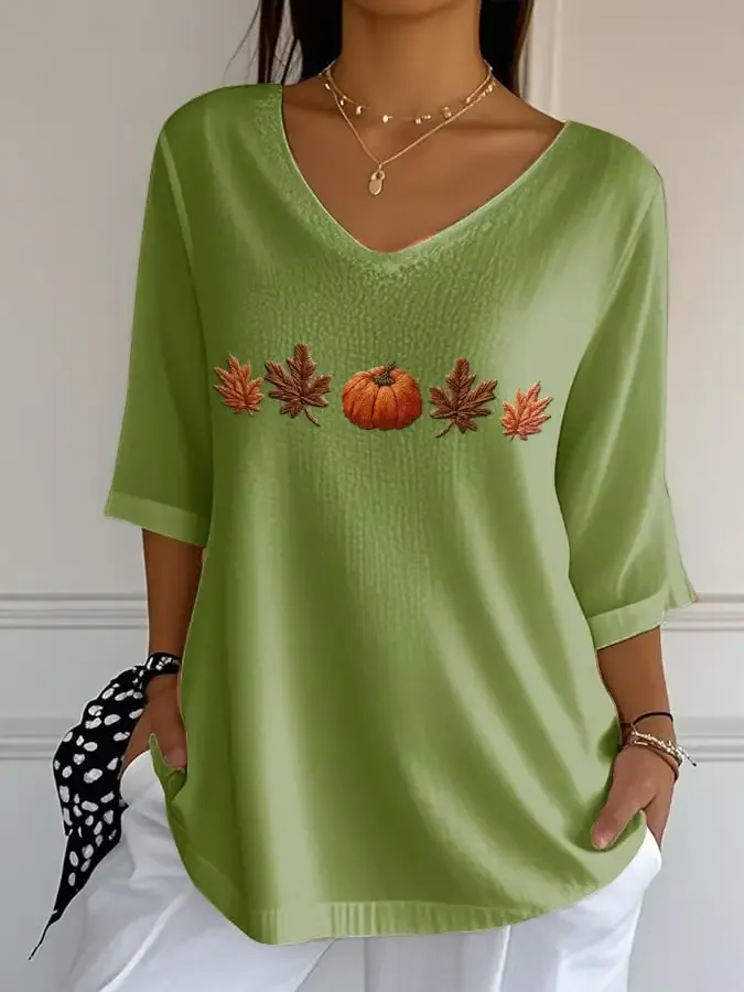 Women's Casual Autumn Pumpkin Stripe Bubble Wrinkle Three-quarter Sleeve T-shirt