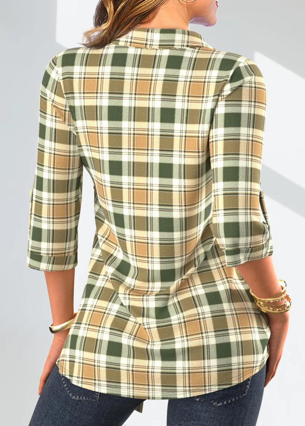 Sage Green Fake 2in1 Plaid Blouse
