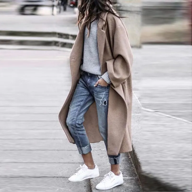 Elegant Long Sleeve Notch Collar Button Detail Oversize Maxi Wool Coat