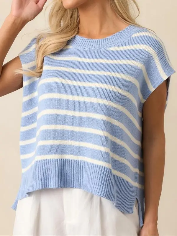 Women's Striped Knit Sweater – Lightweight Crew Neck Pullover for Summer
