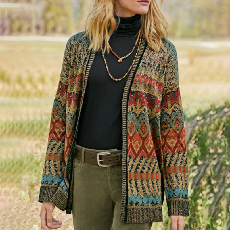 Women's Vintage Ethnic Autumn V-Neck Sweater Cardigan
