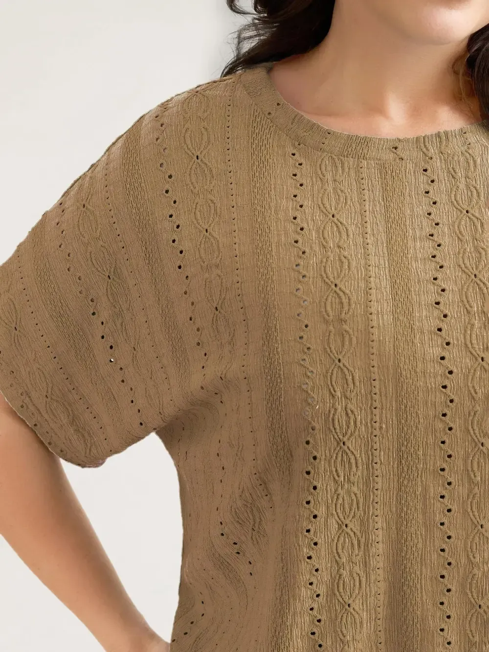 Eyelet Trim Stretchy Textured Plain Top