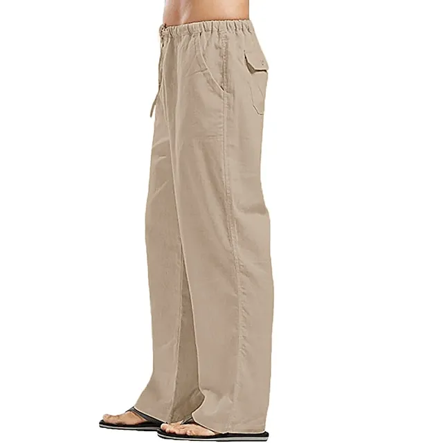 Men's Linen Pants Trousers Summer Pants Beach Pants Pocket Drawstring Elastic Waistband Plain Comfort Breathable Full Length Daily Streetwear Linen / Cotton Blend Fashion Casual / Sporty Loose Fit