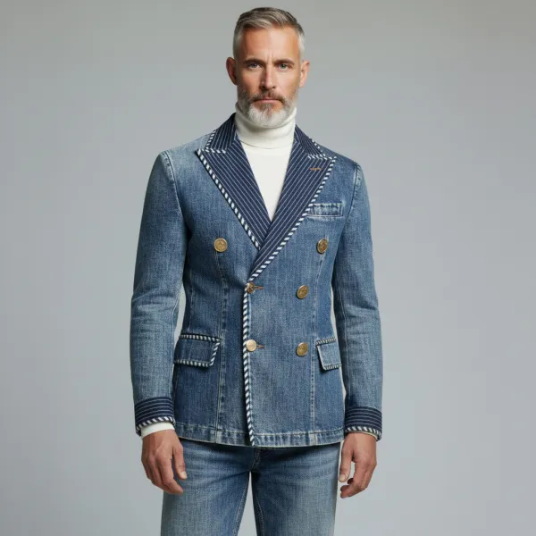 Men's Blue Striped Patchwork Peak Lapel Double Breasted Long Sleeve Denim Blazer