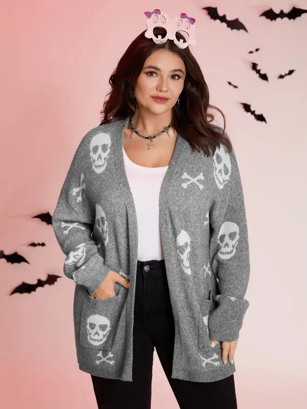 Supersoft Skull Pattern Open-Front Knit Cardigan