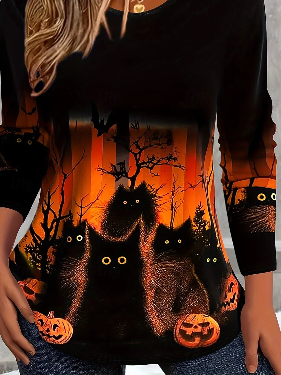 Women's T shirt Pumpkin Graphic Cat Vintage Stylish Classic Long Sleeve Crew Neck Regular Tops Daily Print Orange Spring Fall Winter