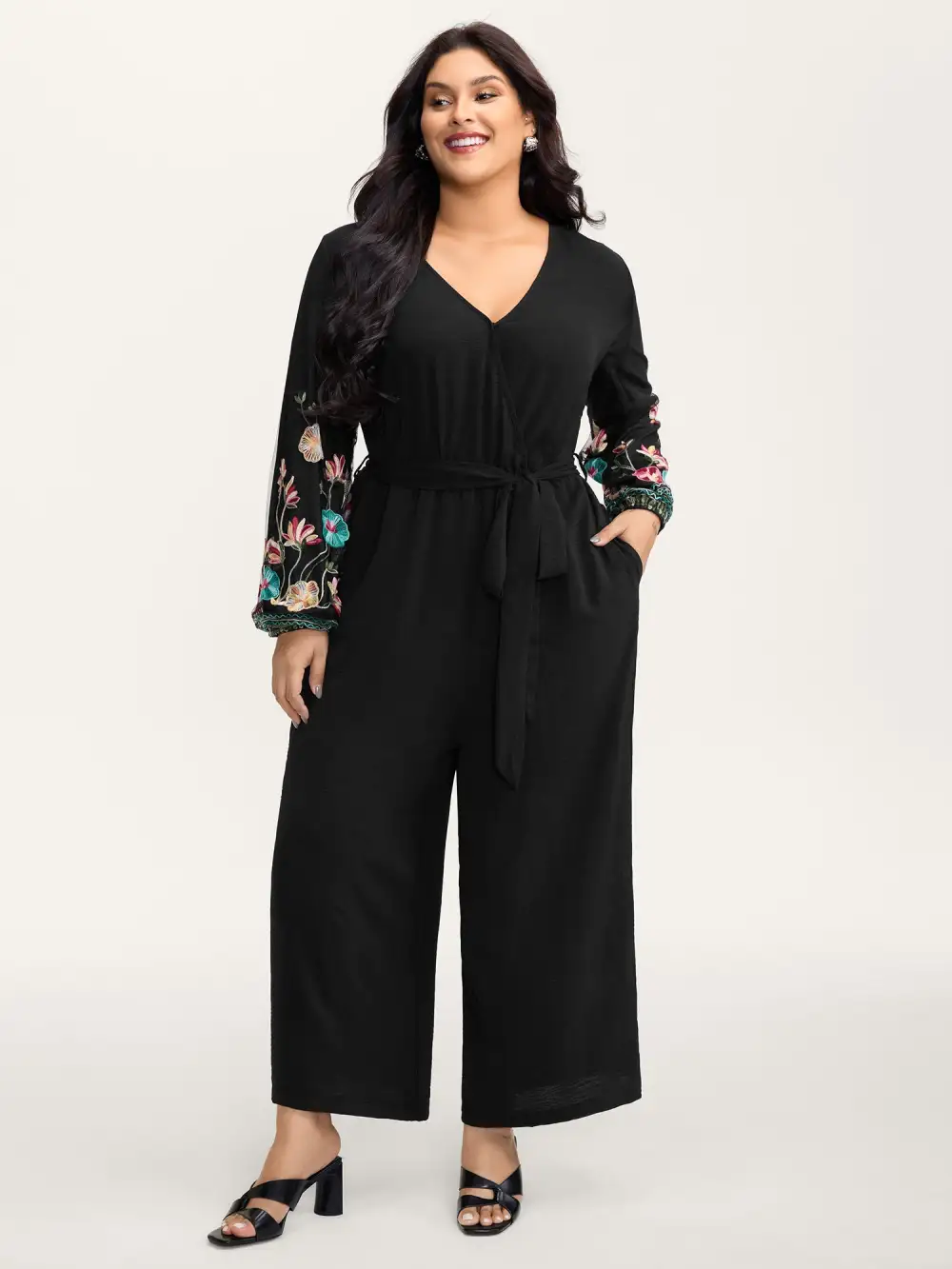 Floral Embroidery Waist-Tie Jumpsuit