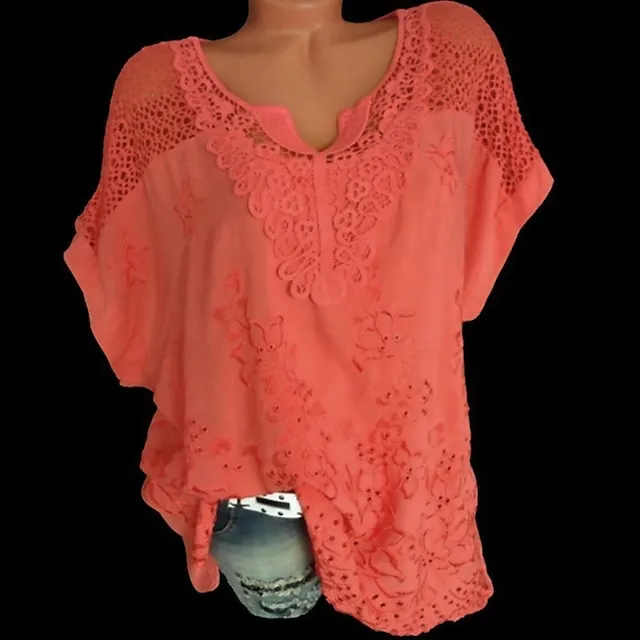 Women's Shirt Lace Shirt Blouse Eyelet top Chiffon Plain Embroidered Daily Going out Weekend Streetwear Basic Casual Short Sleeve V Neck Black Summer Spring