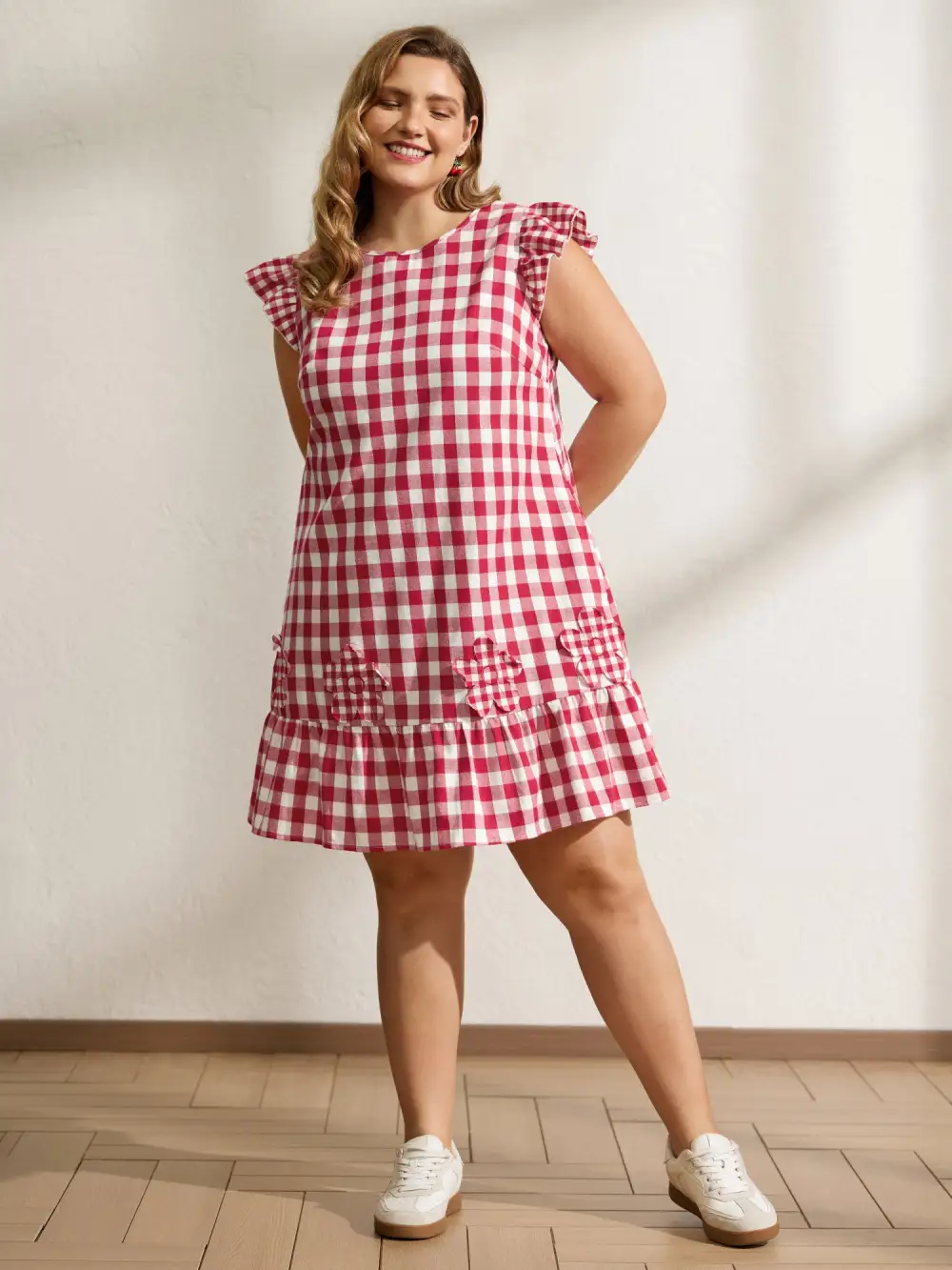 Cotton Gingham Embroidered Ruffled Hem Knee Dress
