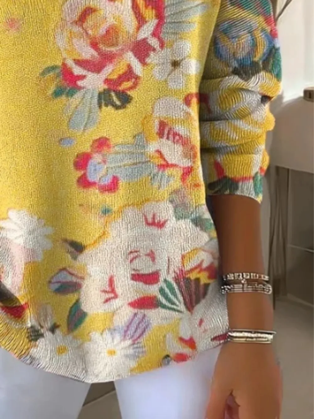 Casual V Neck Floral Sweater