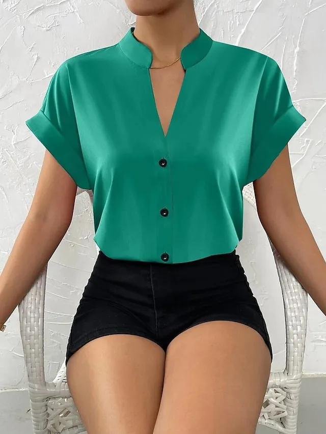 Women's Shirt Blouse Orange red Black White Plain Button Short Sleeve Work Fashion Business Elegant Standing Collar Regular Fit