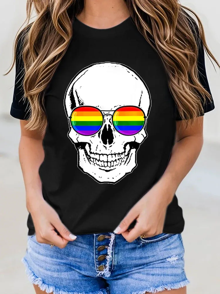 Women'S Gay Pride LGBT Skull With Rainbow Sunglasses T Shirt
