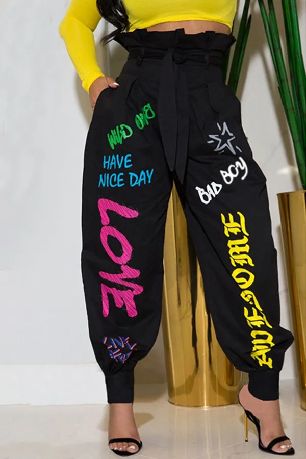 Letter Print Casual Ruffle Pants