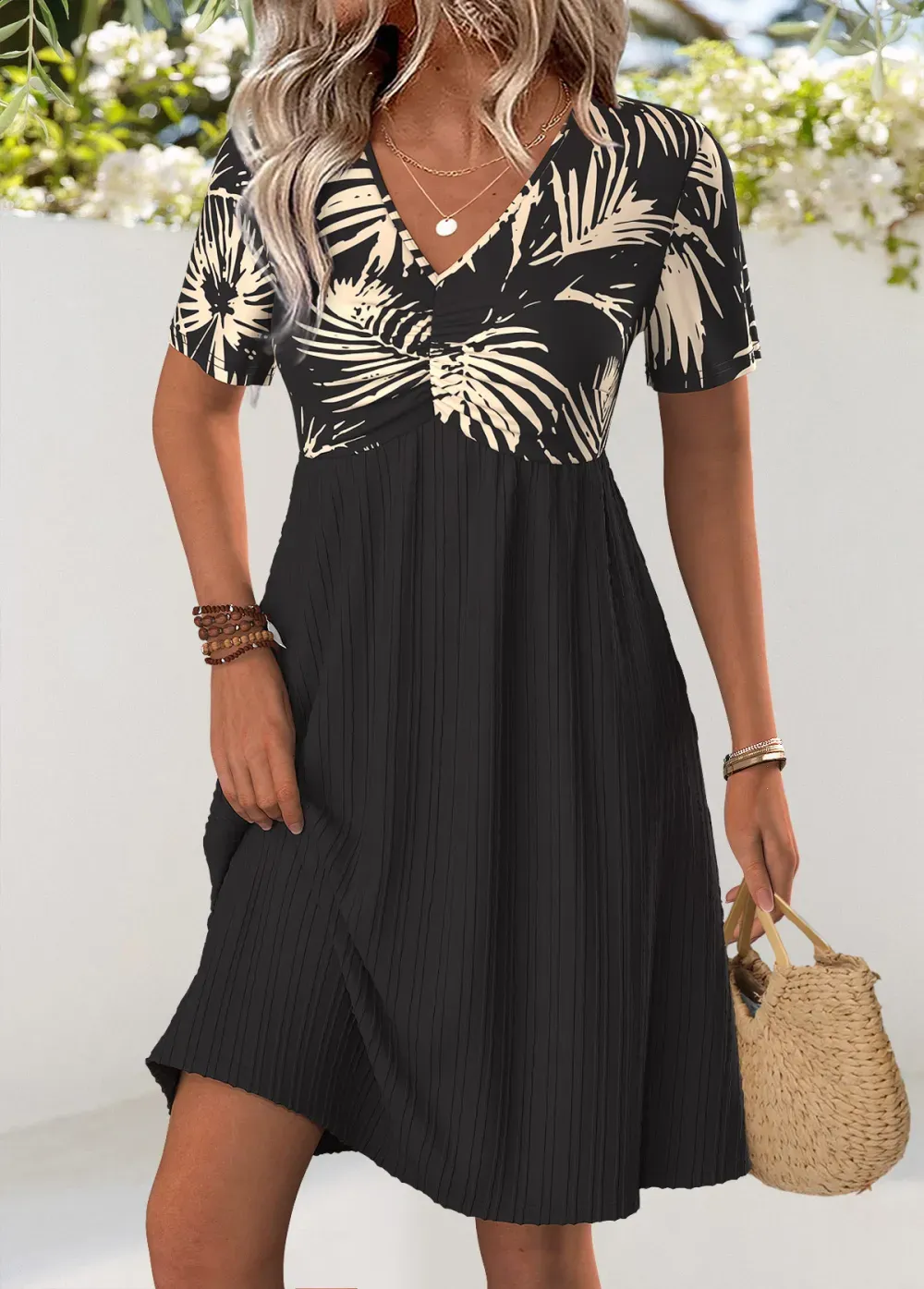 Black Leaf Print Short V Neck Dress