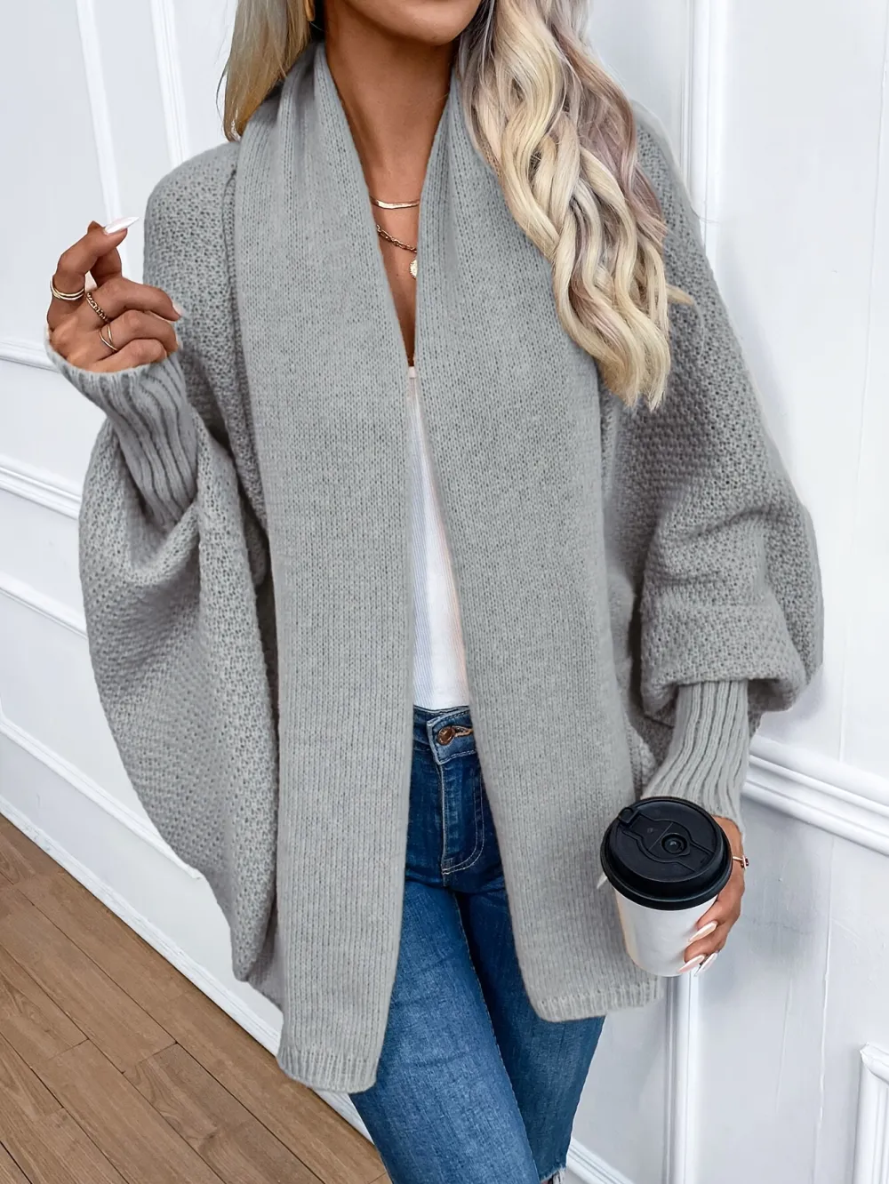 Cozy Solid Color Batwing Sleeve Cardigan - Women's Elegant Knitted Cardigan for Spring & Fall