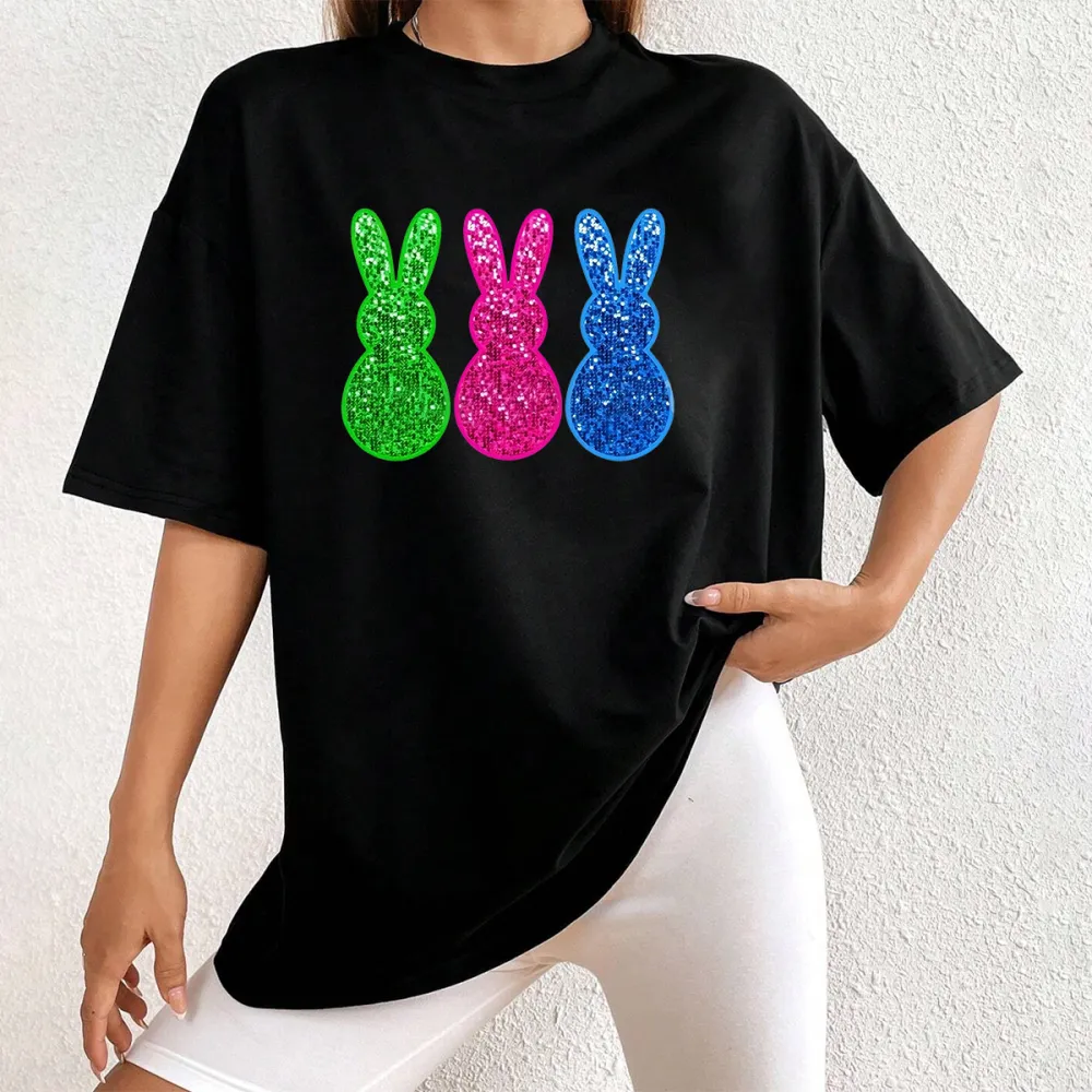 Easter Shiny Bunny Printed Round Neck Short Sleeve T-Shirt