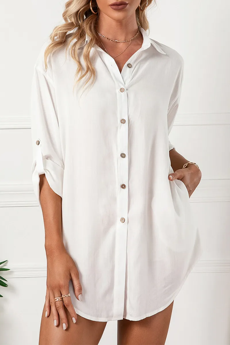 Casual Solid Buckle Turndown Collar Shirt Dress (6 Colors)