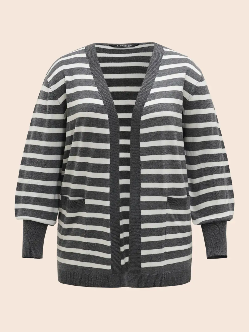 Striped Lantern Sleeve Patched Pocket Cardigan