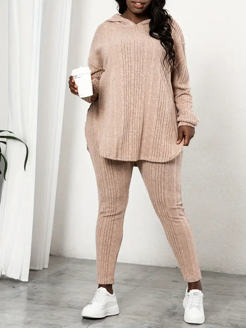 【Plus Size】 Plain Split Curved Hem Hoodie & Leggings Lounge Two-piece Set, Casual Fashion Cozy Breathable Two Piece Outfits for Daily Home Wear