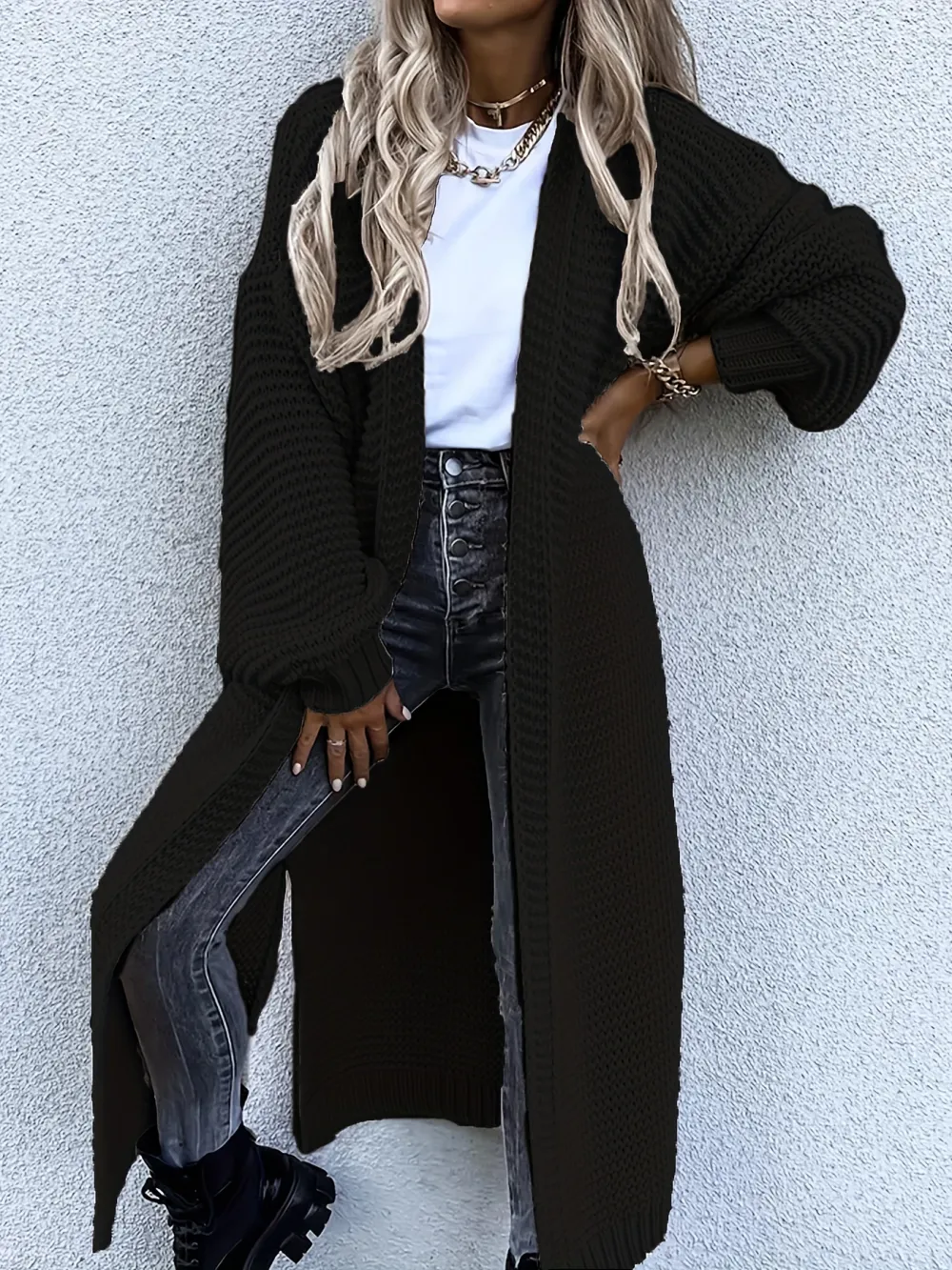 Solid Open Front Side Split Cardigan, Casual Long Sleeve Cardigan For Spring & Fall, Women's Clothing