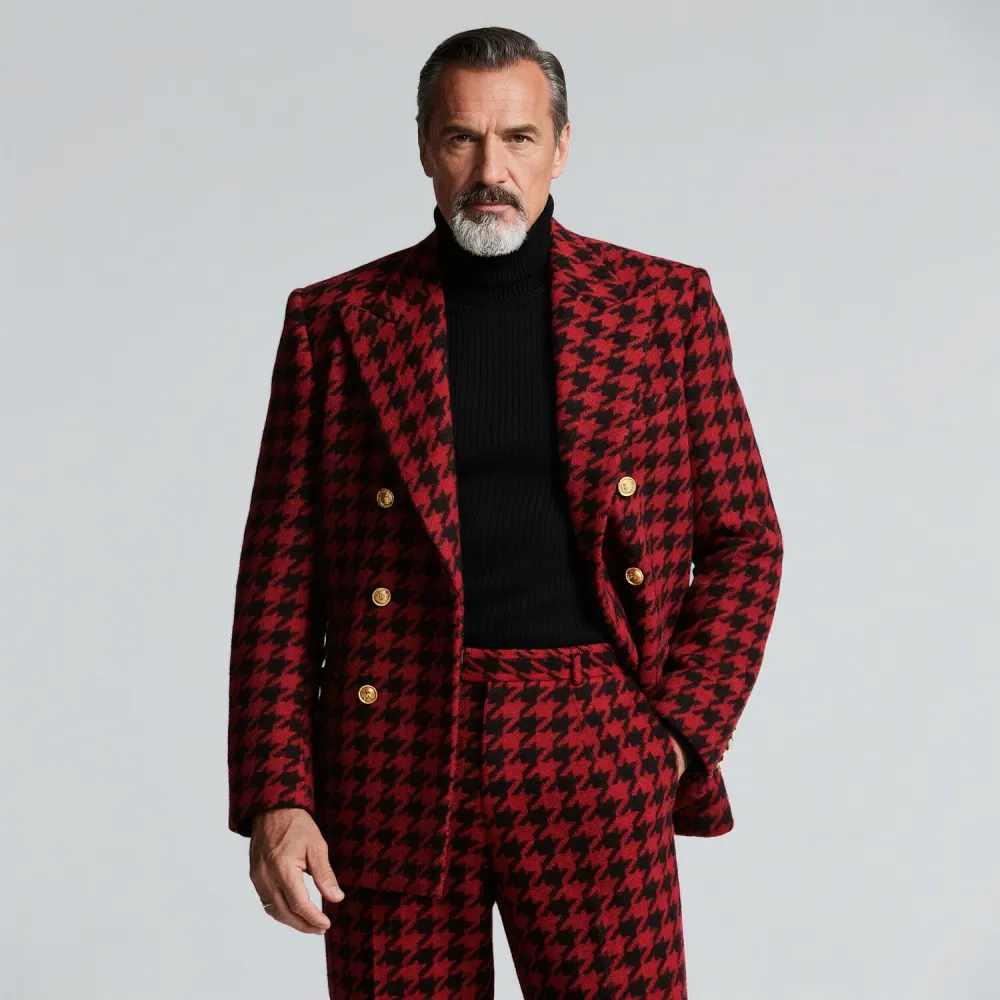 Men's Business Red Houndstooth Pattern Double Breasted Peaked Lapel Long Sleeve Blazer