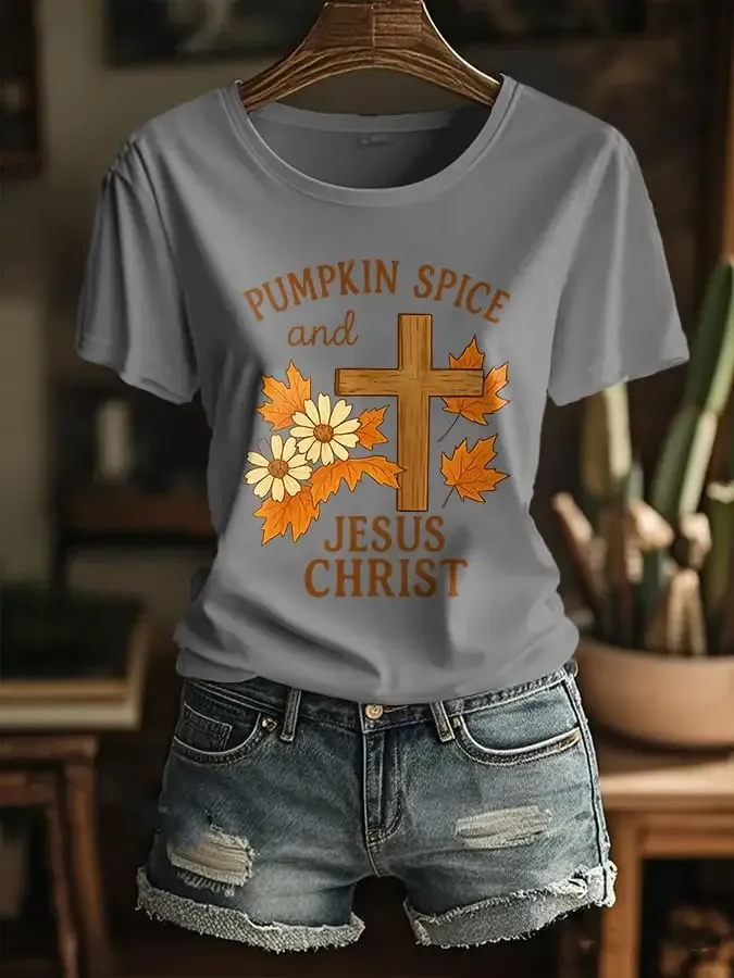 Women's Pumpkin Season Jesus Faith Cross Casual T-shirt