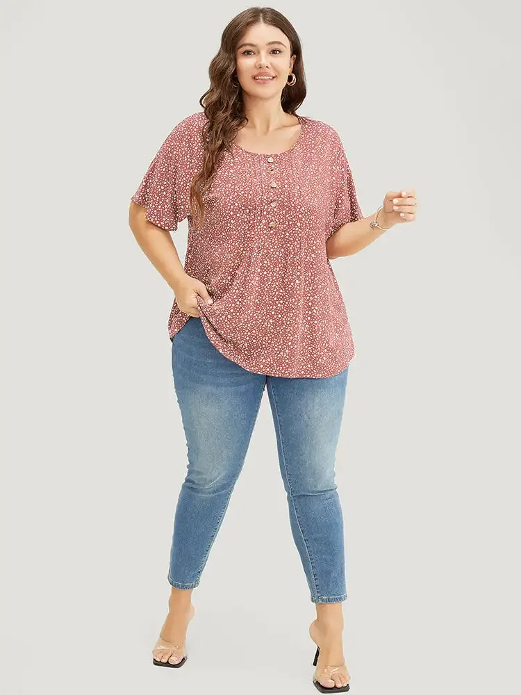 Ditsy Floral Pleated Front Button Detail Blouse
