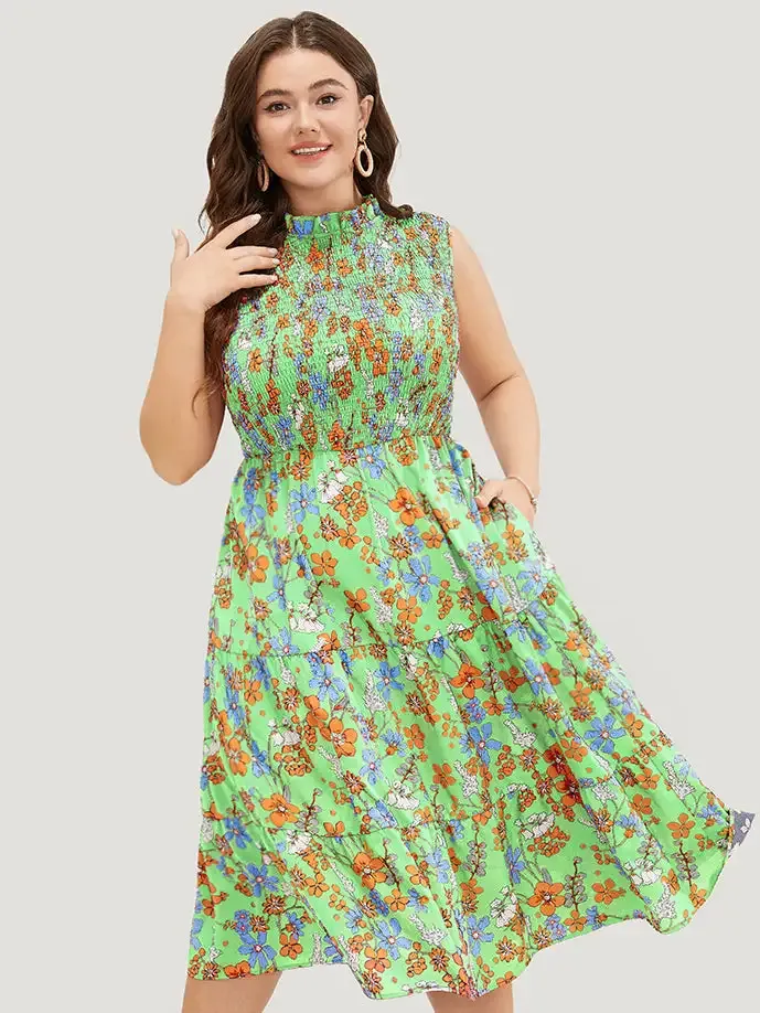 Floral Shirred Mock Neck Cut Out Pocket Ruffle Hem Dress