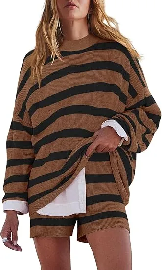 Womens Oversized Lounge Sets 2 Piece Outfits Striped Matching Pajama Set Long Sleeve Sweater Set