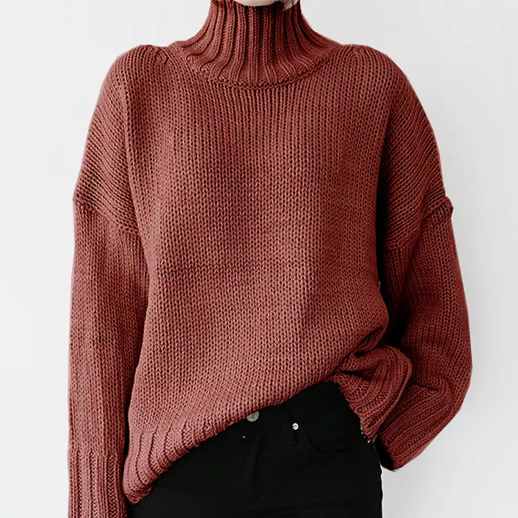 Retro Long Sleeve Solid Color Turtleneck Pullover Sweater