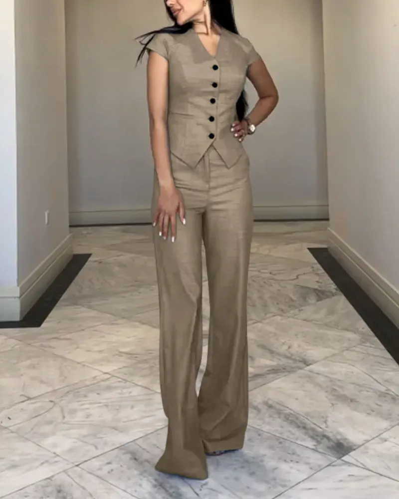 Fashion Commuter V-Neck Top & Pants Two-Piece Set