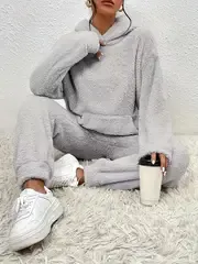 Cozy Solid Teddy Two-Piece Set - Long Sleeve Kangaroo Pocket Hooded Tops, Warm & Comfortable Long Length Pants Outfits for Women