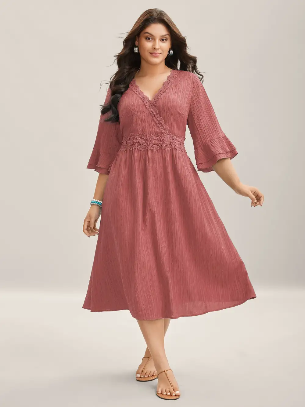 Scalloped Lace Surplice Ruffled Midi Dress