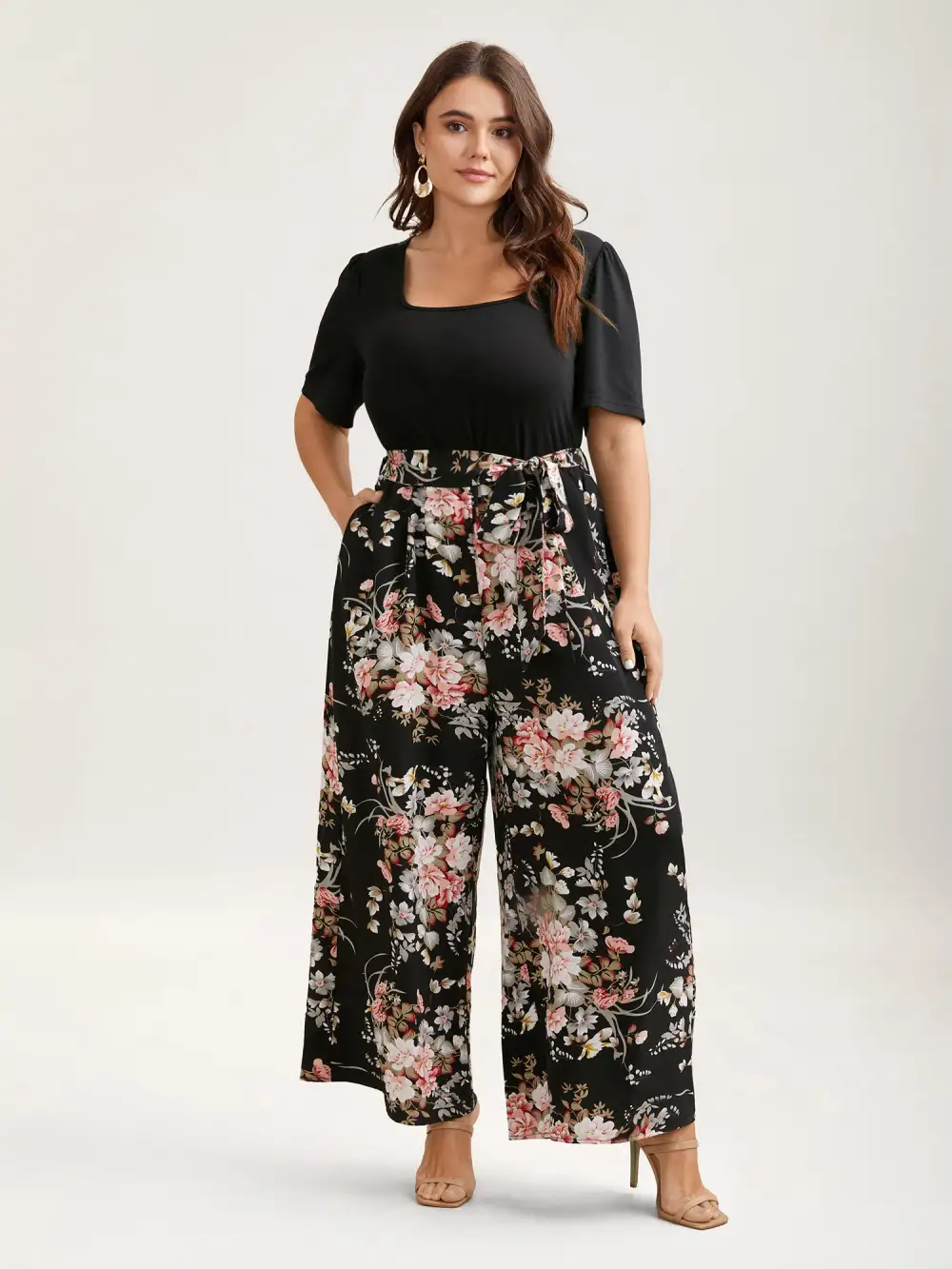 Color Contrast Belted Panel Pockets Jumpsuit