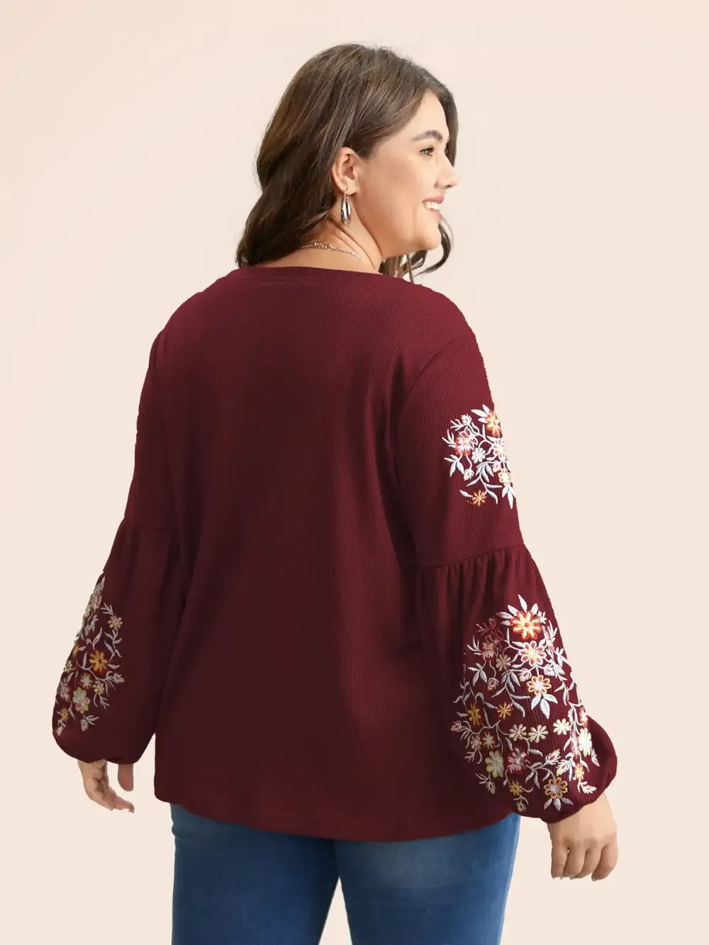 Waffle Knit Floral Embroidered Lantern Sleeve T-Shirt