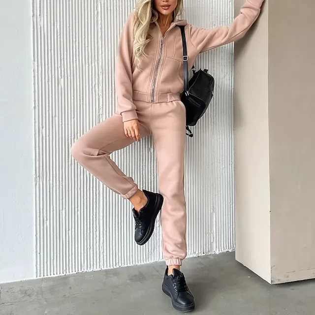 Women's Tracksuit Sweatsuit Pocket 2 Piece Solid Colored Hoodie and Pants Outfit Set Clothing Suit Fall Black White Jogging Training Exercise Thermal Warm Soft Moisture Wicking Long Sleeve Sport