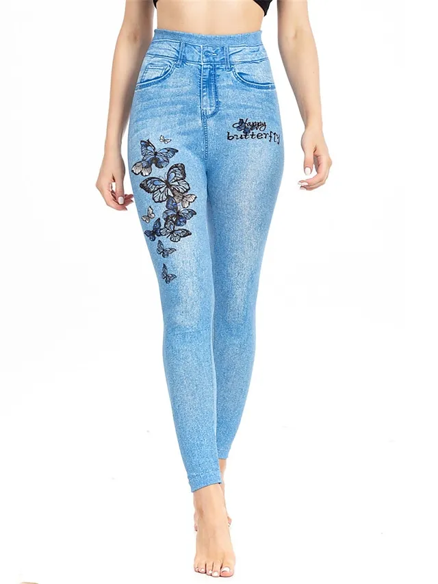 Women's Slim Pants Trousers Leggings Faux Denim Butterfly Pocket Print Full Length High Elasticity High Waist Fashion Streetwear Street Causal Lake Blue Royal Blue S M Summer Fall