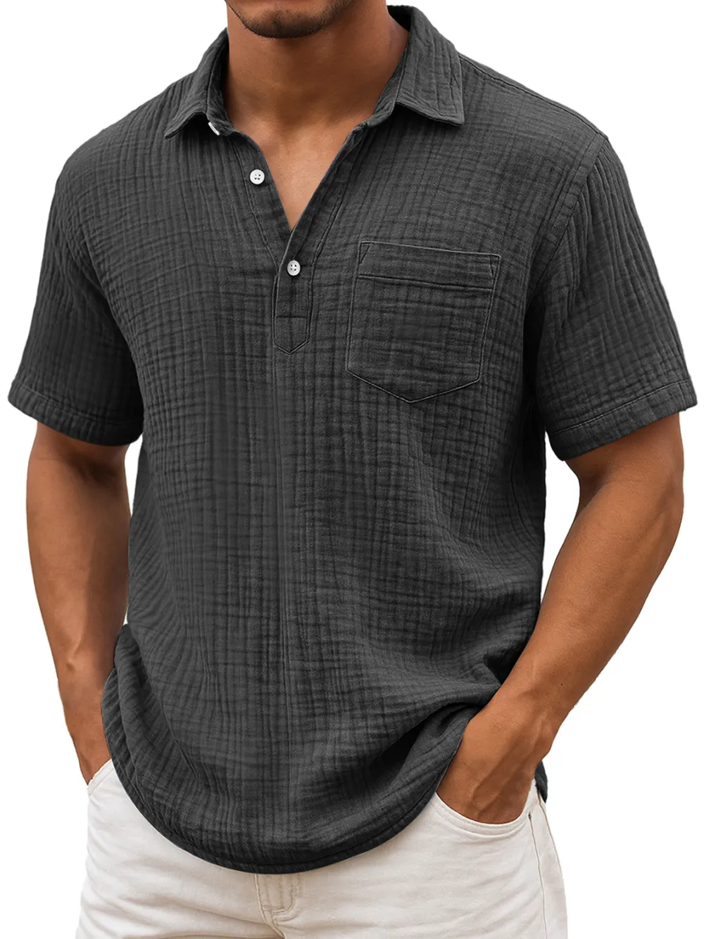 Men's Daily Pleated Texture Lapel Casual Pocket Comfortable Short Sleeve POLO Shirt