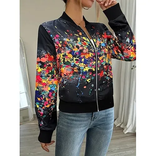 Women's Casual Jacket Comfortable Zipper Fashion Daily Modern Floral School Outdoor Vacation Home Regular Baseball Collar Regular Fit Long Sleeve Outerwear White Spring Fall