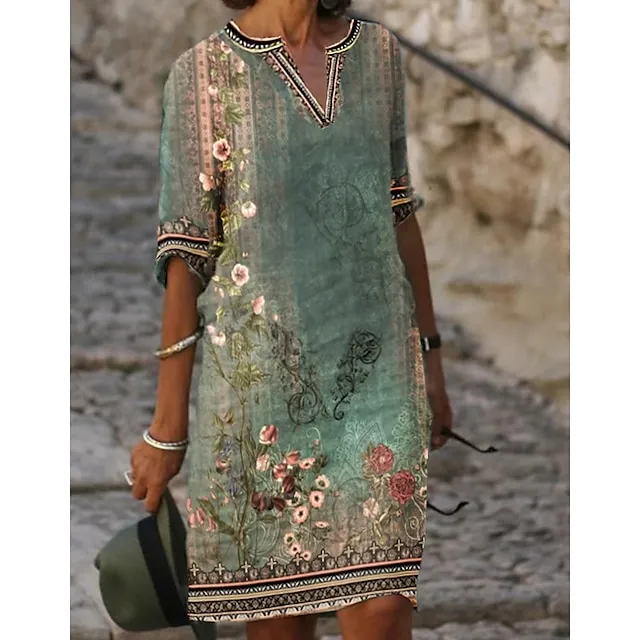 Women‘s Casual Dress Ethnic Dress Shift Dress Midi Dress Leopard Black White Half Sleeve Floral Print Summer Spring V Neck Basic Daily Vacation Weekend 2023 S M L XL XXL 3XL