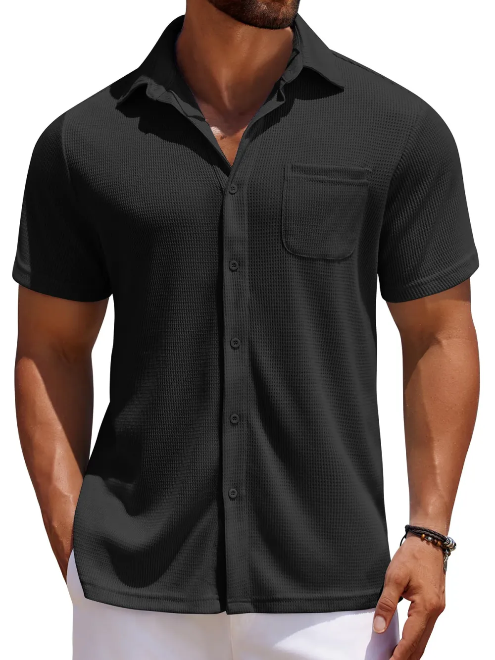 Men's Everyday Waffle Casual Pocket Solid Color Short Sleeve Shirt