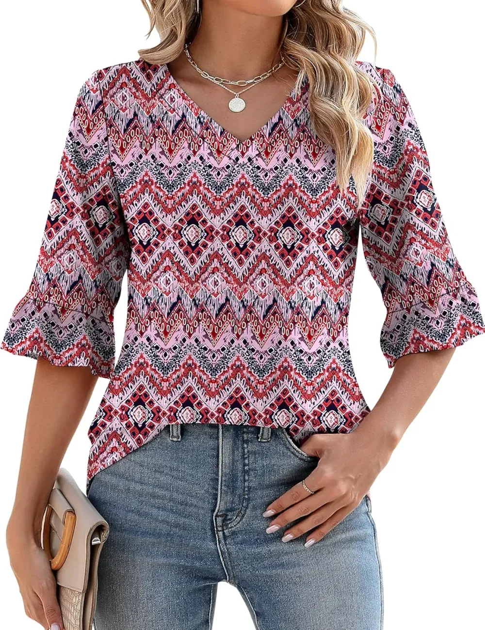 ✨Womens 3/4 Length Sleeve V-Neck Eyelet Casual Ruffle Sleeve Tunic Blouses