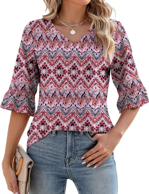 ✨Womens 3/4 Length Sleeve V-Neck Eyelet Casual Ruffle Sleeve Tunic Blouses